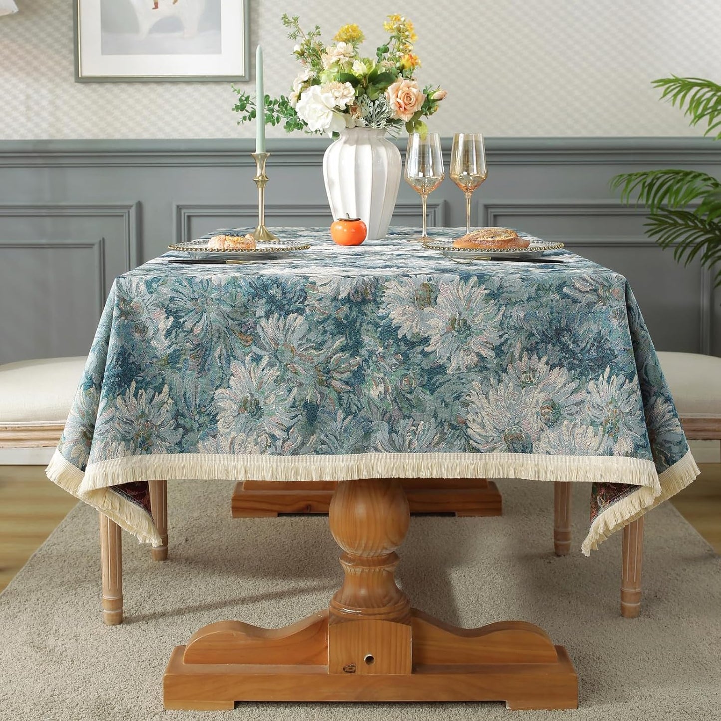 AIRCOWRIE Waterproof Vinyl Tablecloths, Heavy Duty Oil Proof Spill Proof Plastic Table Cloth, Wipe Clean PVC Table Cover for Spring Indoor and Outdoor Use (Embroidery Flower, 54”×140”, Rectangle)
