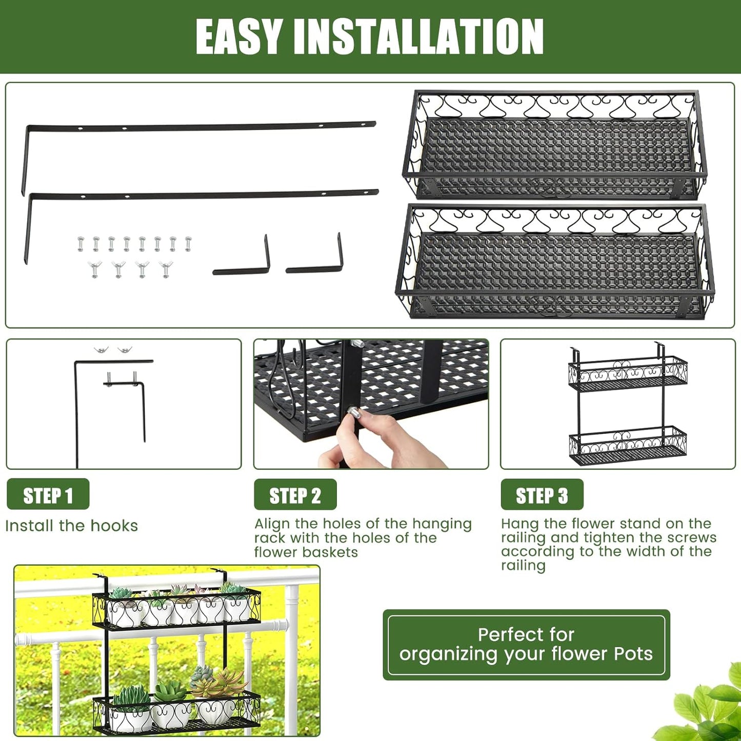 Giantex Balcony Flower Pot Stand Rack w/ Adjustable Hooks & 2 Planter Baskets , Patio Railing Shelf Plant Pots Holder, Metal Hanging Planter for Outdoor Windows Porch Fence