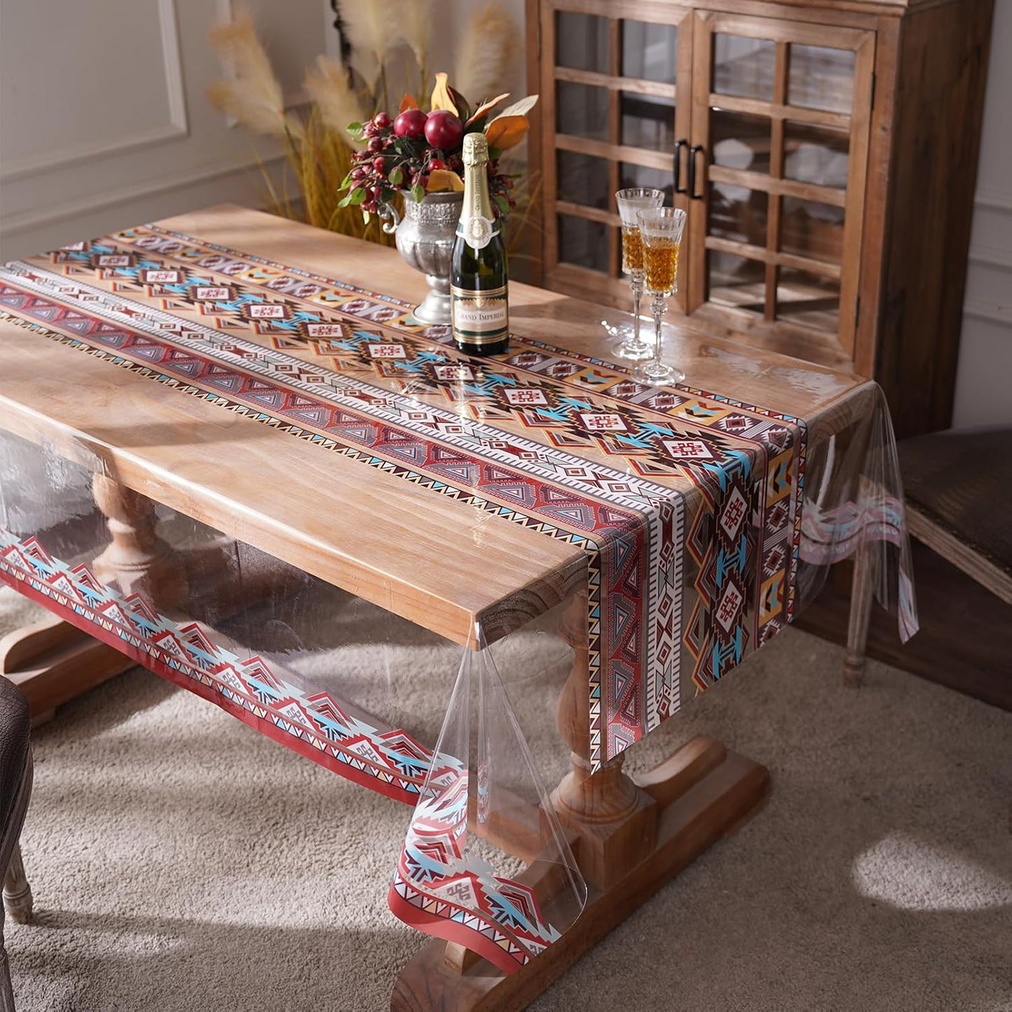 Clear Table Cover Protector Vinyl PVC Rectangle Table Cloth with Floral Fruit Pattern Oil Spill Proof Plastic Tablecloths for Dining Tables Parties Holidays (Floral Fruit, 52 x 70 Inches)