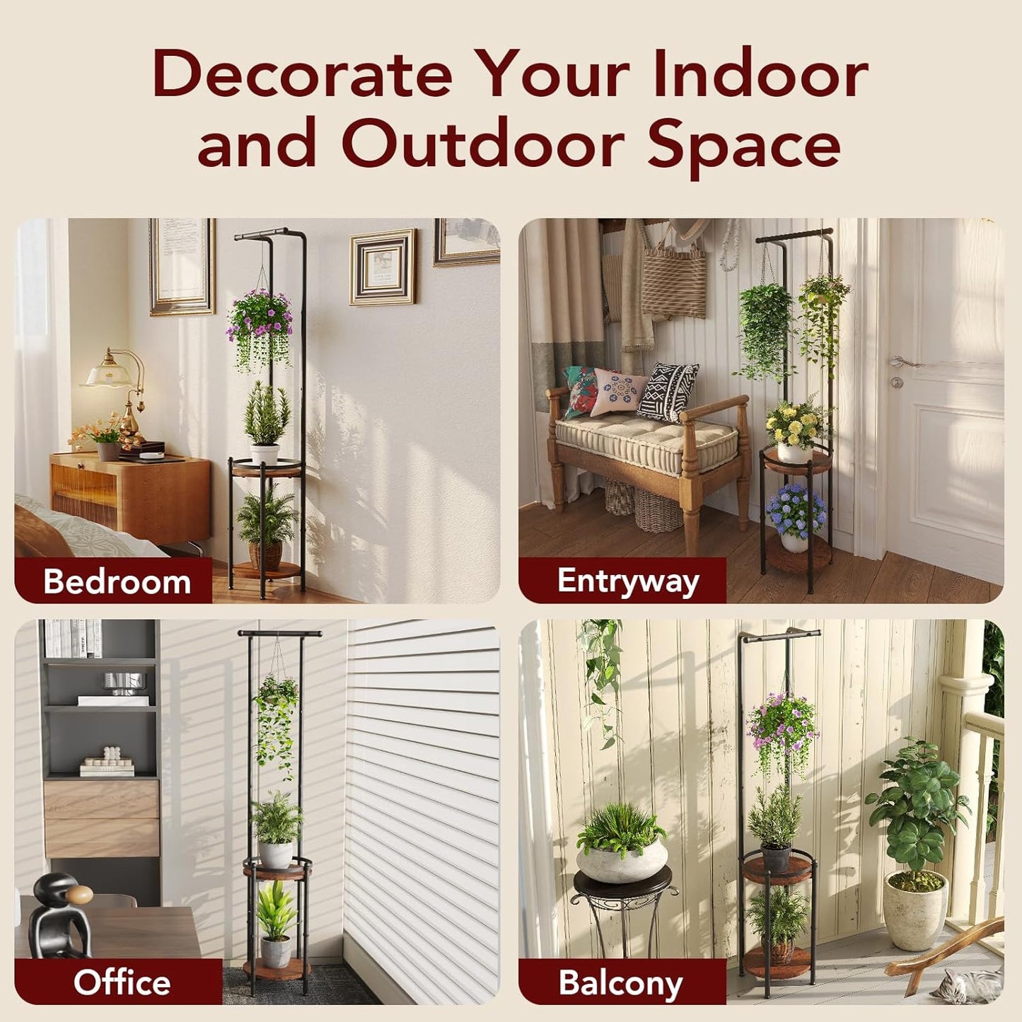 Plant Stand Indoor Outdoor - Heavy Duty Metal 2-tier Hanging Plant Holder Space-Saving Iron Plant Stands Tall Plant Shelf for Living Room Garden Balcony(Rustic Brown and Black)