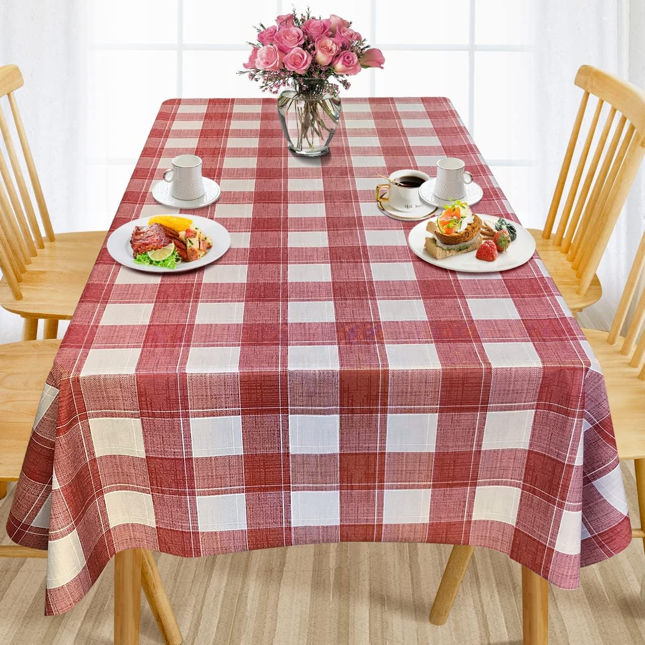 AIRCOWRIE Waterproof Vinyl Tablecloths, Heavy Duty Oil Proof Spill Proof Plastic Table Cloth, Wipe Clean PVC Table Cover for Spring Indoor and Outdoor Use (Embroidery Flower, 54”×140”, Rectangle)