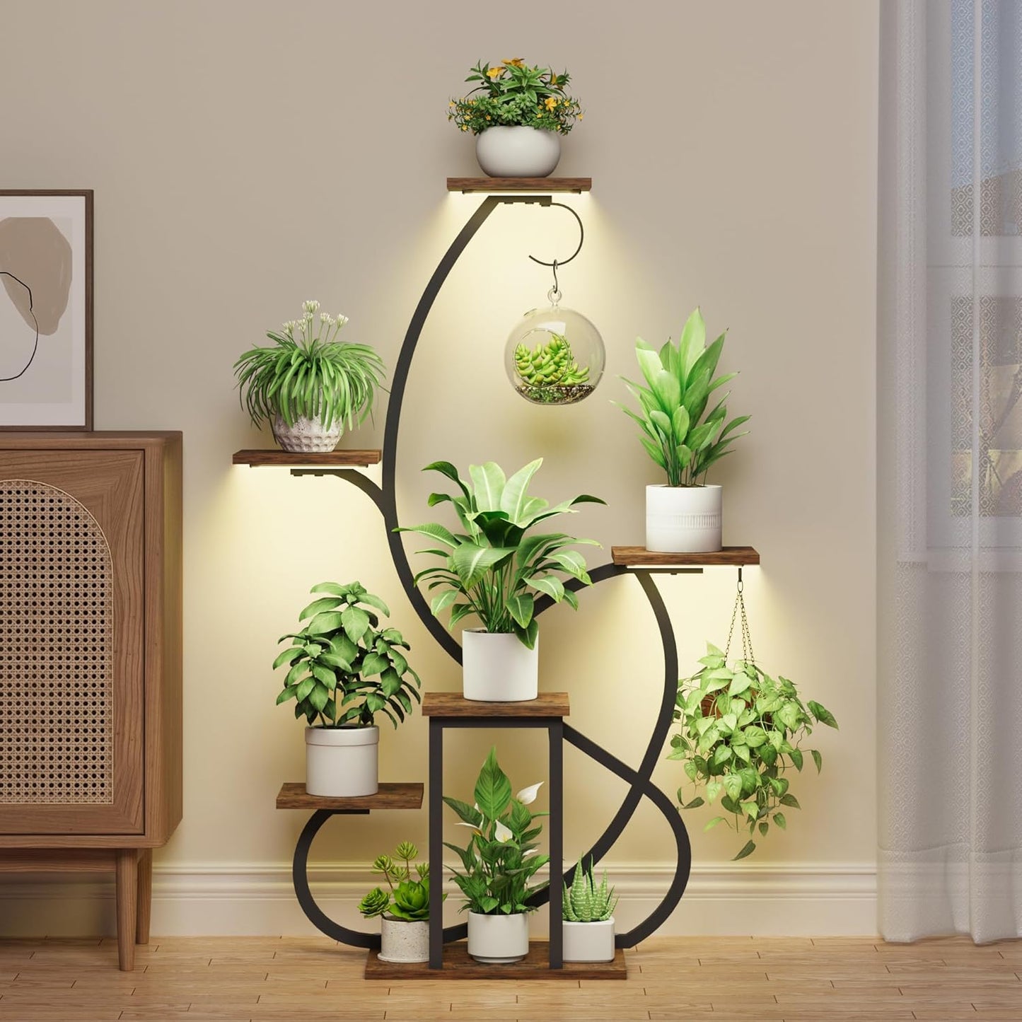 Plant Stand Indoor with Grow Lights, 6 Tiered Corner Plant Shelf , 47'' Plant Stands for Multiple Plants, Metal Curve Shaped Plant Holder Display Rack , Flower Stands for Living Room Patio Home Decor