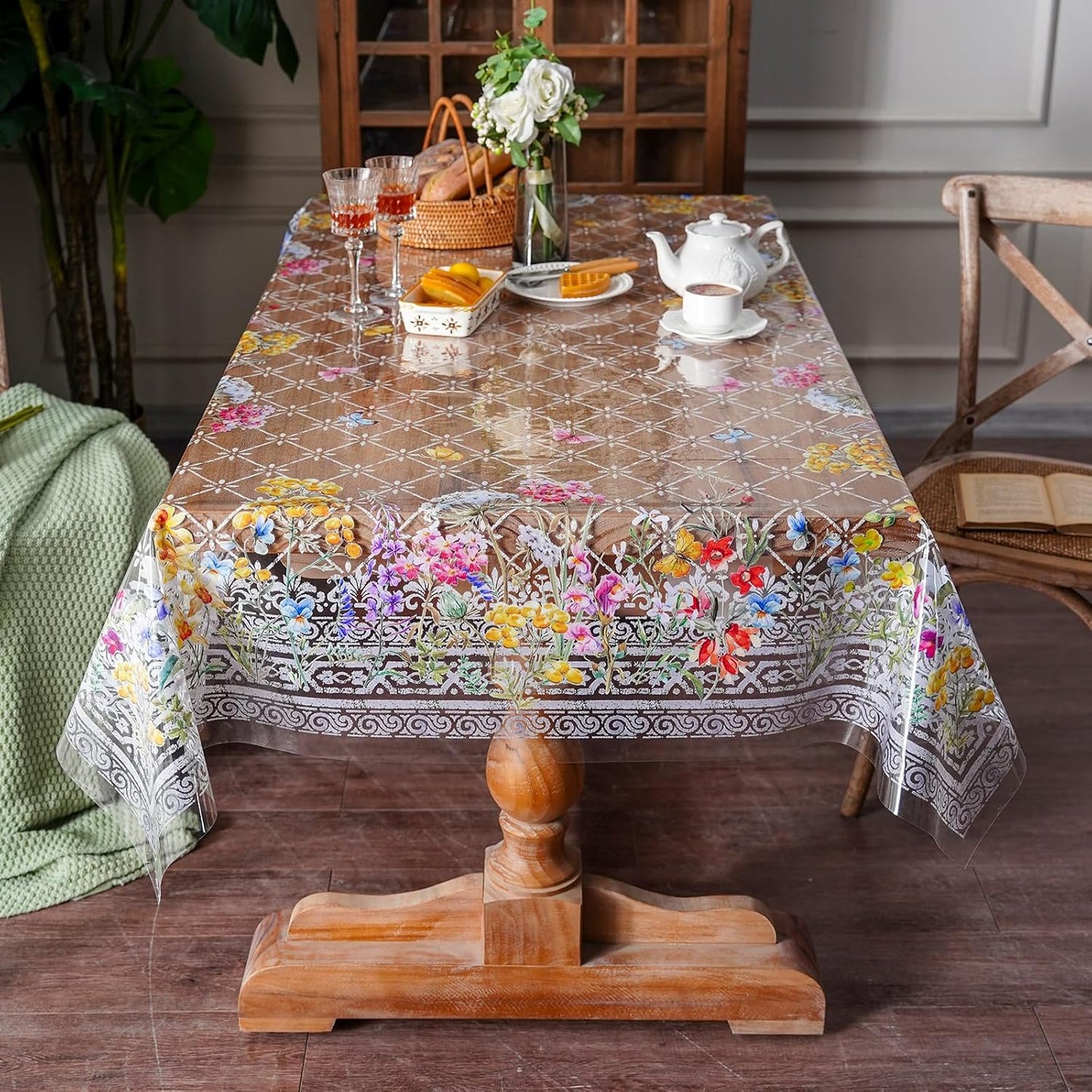ARTABLE Clear Table Cover Protector Vinyl PVC Rectangle Table Cloth with Floral Print Pattern Oil Proof Wipe-able Plastic Tablecloths for Dining Tables Parties Holidays (Flowers, 55 x 84 Inches)