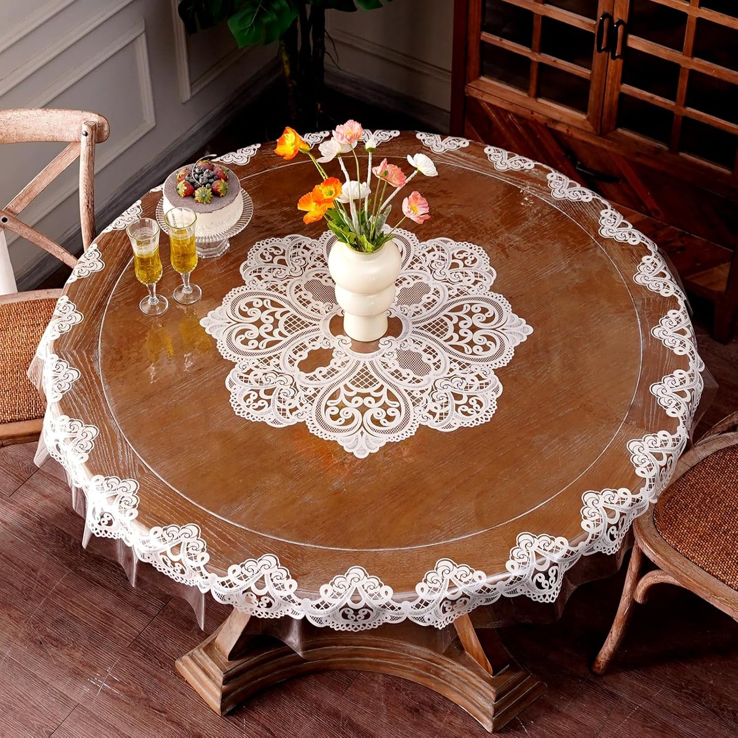 Clear Table Cover Protector Vinyl PVC Rectangle Table Cloth with Floral Fruit Pattern Oil Spill Proof Plastic Tablecloths for Dining Tables Parties Holidays (Floral Fruit, 52 x 70 Inches)