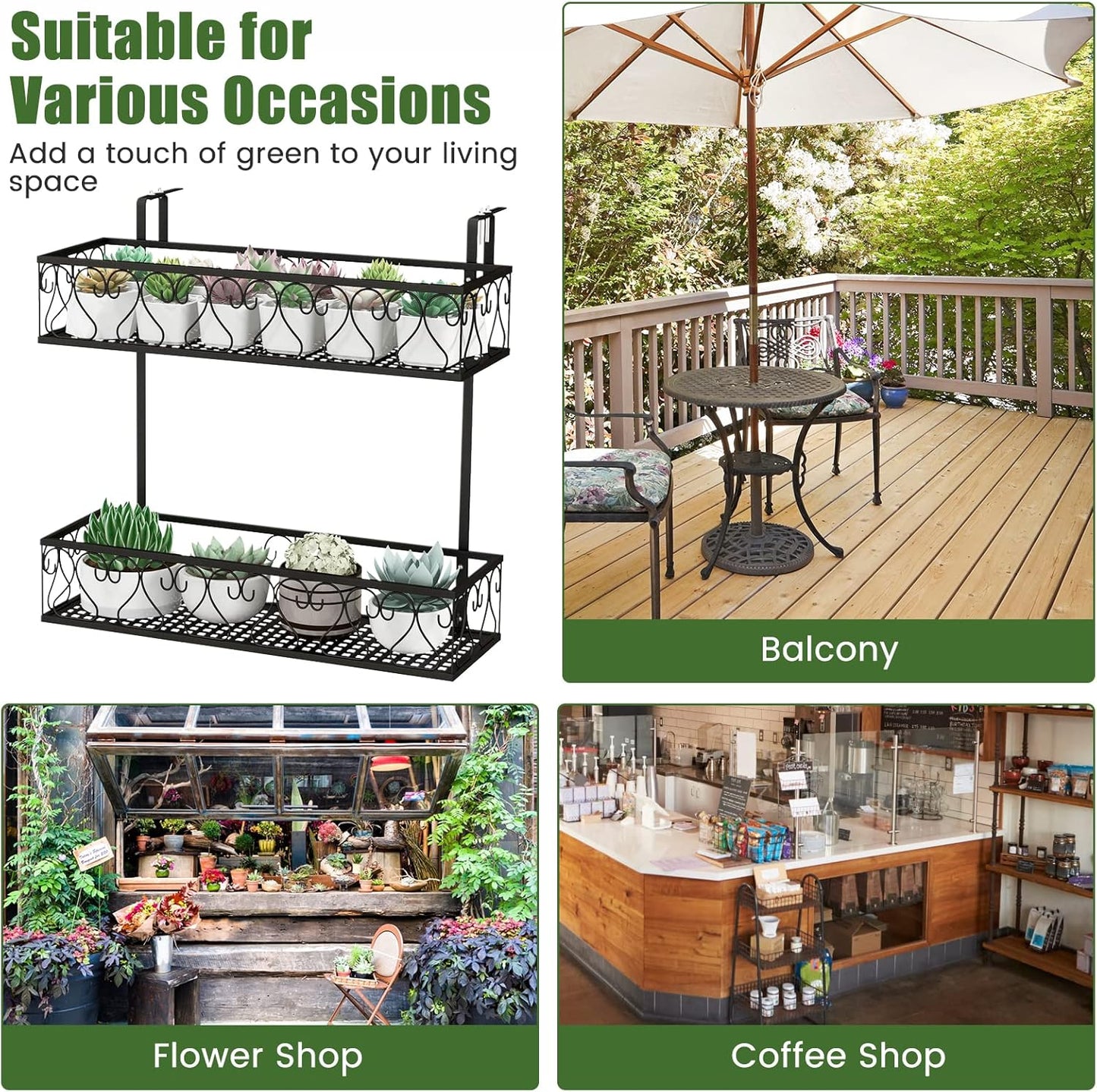 Giantex Balcony Flower Pot Stand Rack w/ Adjustable Hooks & 2 Planter Baskets , Patio Railing Shelf Plant Pots Holder, Metal Hanging Planter for Outdoor Windows Porch Fence
