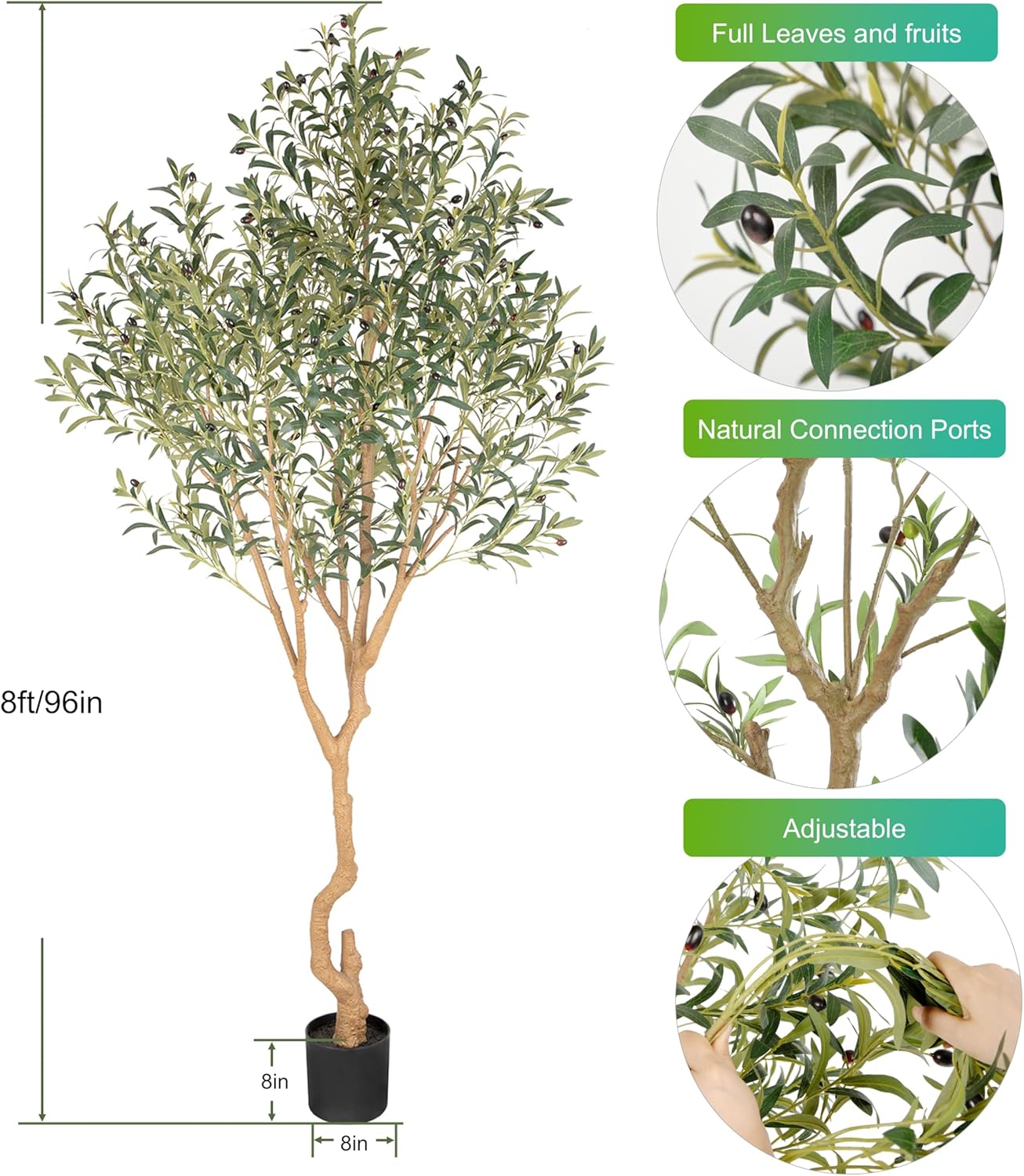 Tall Faux Olive Tree,8ft(96in) Realistic Potted Silk Artificial Olive Tree, Fake Olive Trees Indoor with Green Leaves and Big Fruits for Home Office Living Room Stairs Patio Decor.