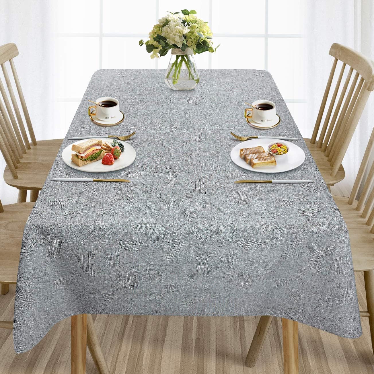 AIRCOWRIE Waterproof Vinyl Tablecloths, Heavy Duty Oil Proof Spill Proof Plastic Table Cloth, Wipe Clean PVC Table Cover for Spring Indoor and Outdoor Use (Embroidery Flower, 54”×140”, Rectangle)