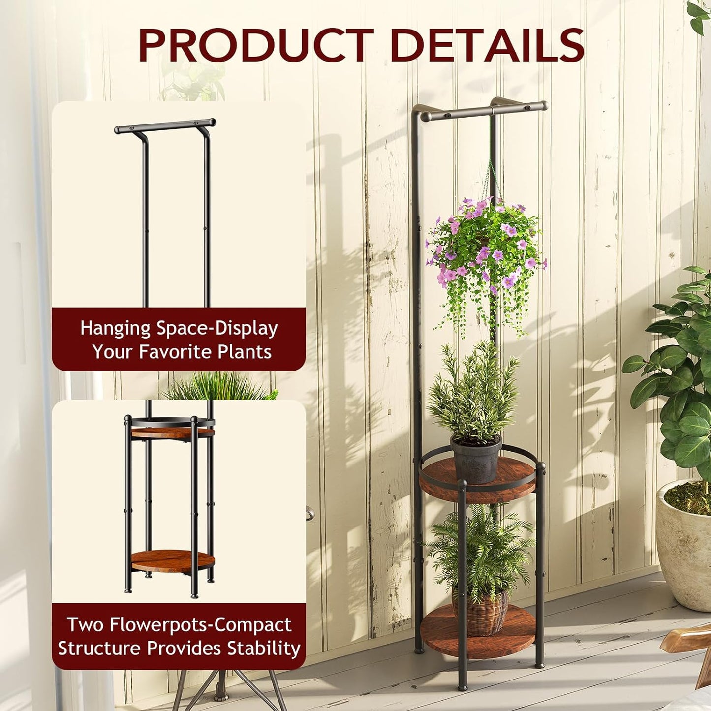 Plant Stand Indoor Outdoor - Heavy Duty Metal 2-tier Hanging Plant Holder Space-Saving Iron Plant Stands Tall Plant Shelf for Living Room Garden Balcony(Rustic Brown and Black)
