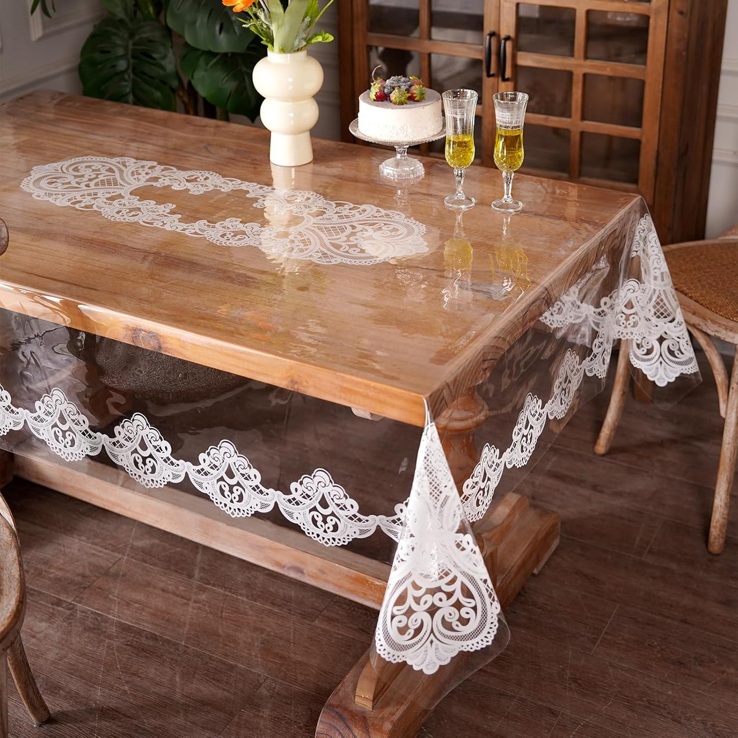 Clear Table Cover Protector Vinyl PVC Rectangle Table Cloth with Floral Fruit Pattern Oil Spill Proof Plastic Tablecloths for Dining Tables Parties Holidays (Floral Fruit, 52 x 70 Inches)