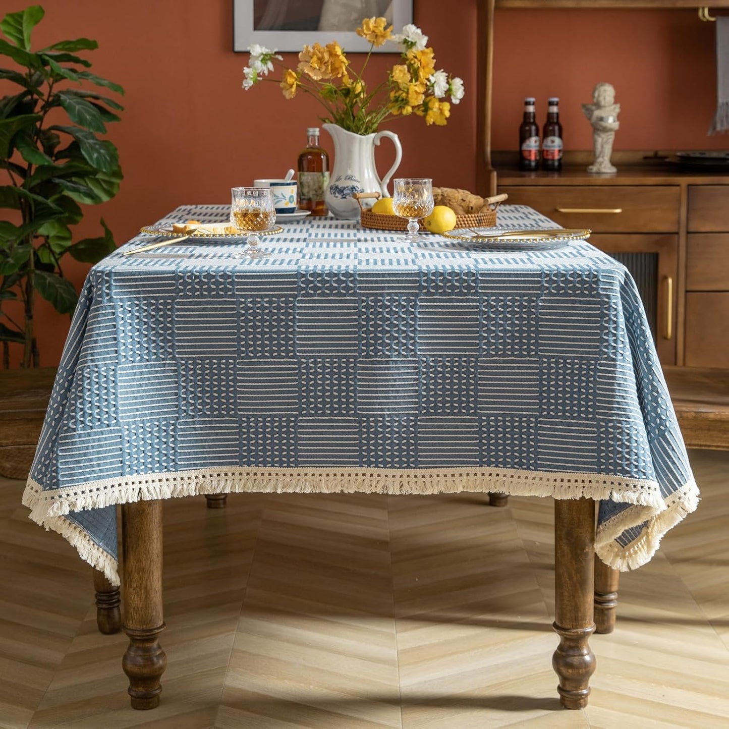 AIRCOWRIE Waterproof Vinyl Tablecloths, Heavy Duty Oil Proof Spill Proof Plastic Table Cloth, Wipe Clean PVC Table Cover for Spring Indoor and Outdoor Use (Embroidery Flower, 54”×140”, Rectangle)