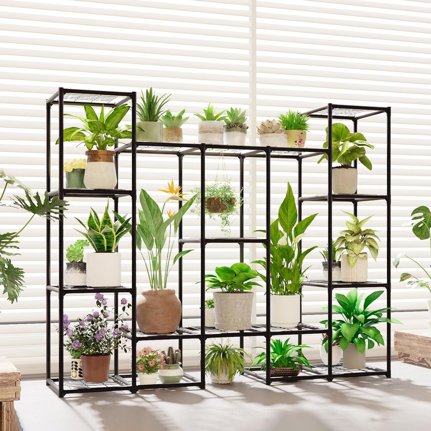 Plant Stand Outdoor Tall Plant Shelf Indoor Metal Large Hanging Plant Cabinet Waterproof Plant Rack Flower Holder for Living Room Patio Balcony Garden Black