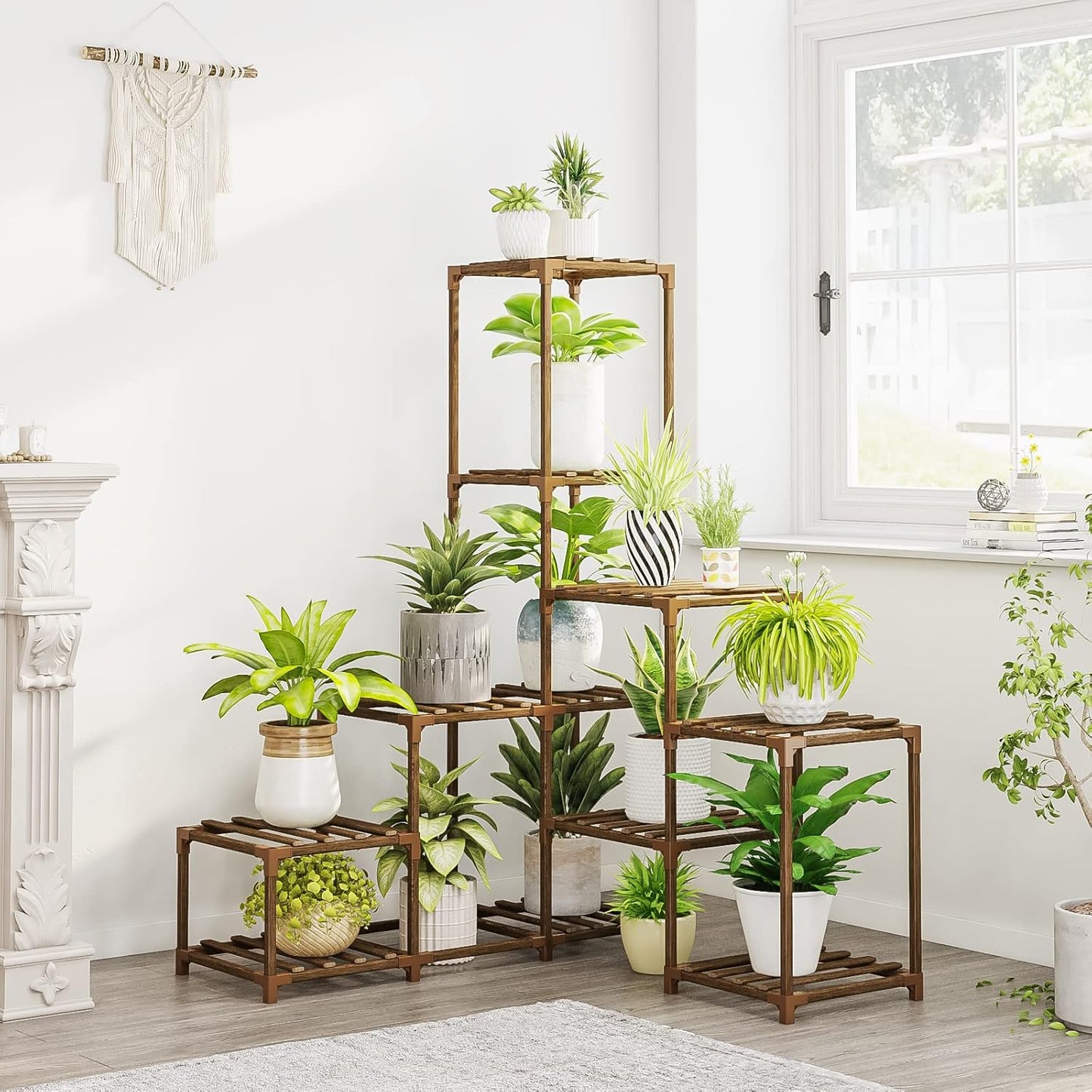 Bamworld 62.2'' Tall Plant Stand Indoor Large Plant Shelf for Multiple Plants Wood Flower Stand Outdoor Hanging Plant Rack for Living Room Garden Balcony Home Decor