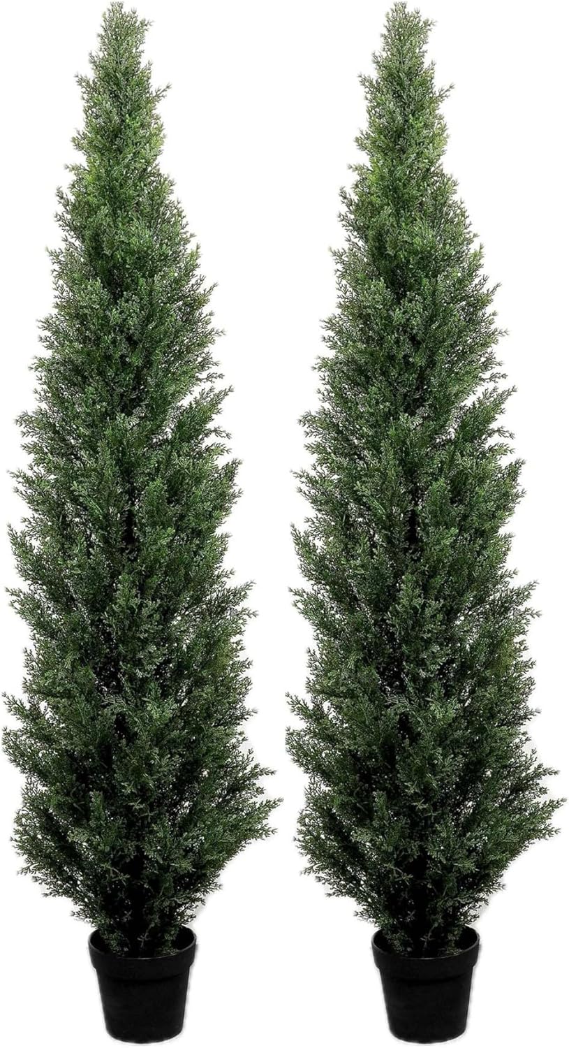 6 Feet Pre-Potted Evergreen Outdoor Artificial Cedar Tree Privacy Screen for Front Porch Decor, Outdoor Decor, Entryway Fake Tree, Tall Faux Tree with UV Resistant Coating (2 Pack)