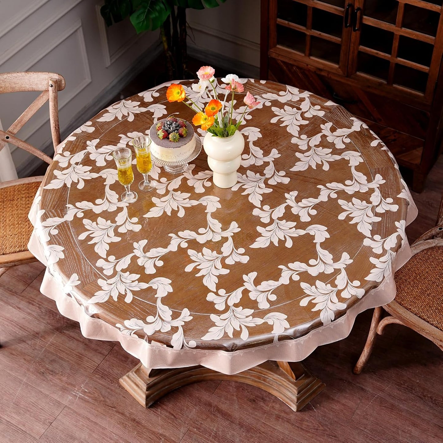 Clear Table Cover Protector Vinyl PVC Rectangle Table Cloth with Floral Fruit Pattern Oil Spill Proof Plastic Tablecloths for Dining Tables Parties Holidays (Floral Fruit, 52 x 70 Inches)