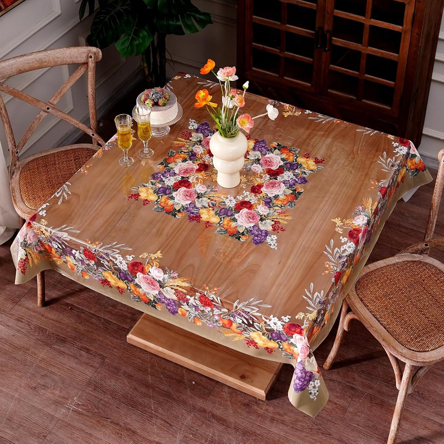Clear Table Cover Protector Vinyl PVC Rectangle Table Cloth with Floral Fruit Pattern Oil Spill Proof Plastic Tablecloths for Dining Tables Parties Holidays (Floral Fruit, 52 x 70 Inches)