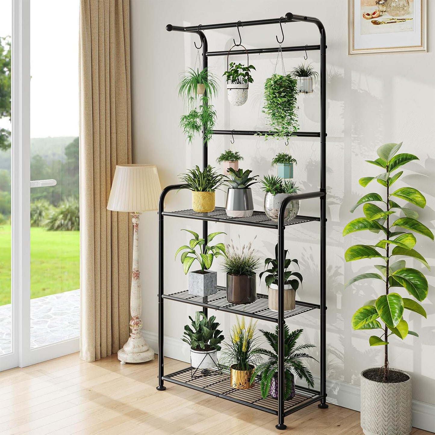 Plant Stand Indoor Outdoor, Heavy Duty Metal 3 Tiered Tall Hanging Plant Shelf for Multiple Flower Planter Holder 67" Large Rack for Living Room Garden Balcony, Black