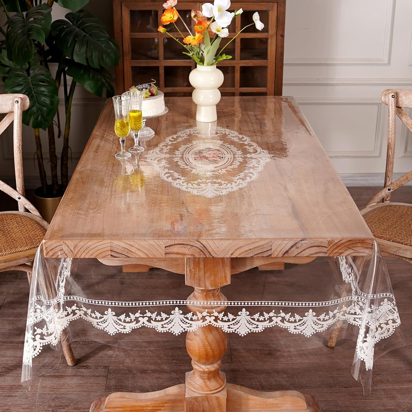 Clear Table Cover Protector Vinyl PVC Rectangle Table Cloth with Floral Fruit Pattern Oil Spill Proof Plastic Tablecloths for Dining Tables Parties Holidays (Floral Fruit, 52 x 70 Inches)
