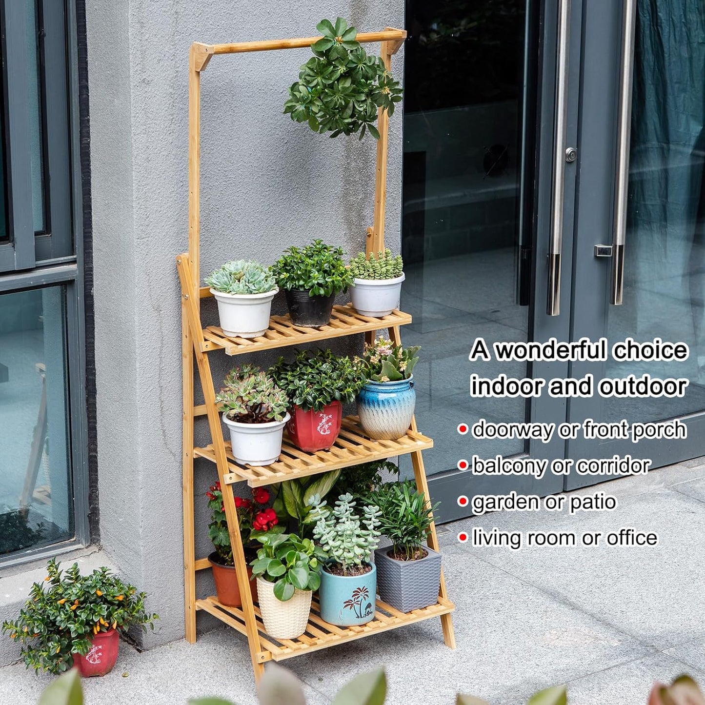 COPREE Bamboo 3-Tier Hanging Plant Stand Planter Shelves Flower Pot Organizer Rack Folding Display Shelving Plants Shelf Unit Holder