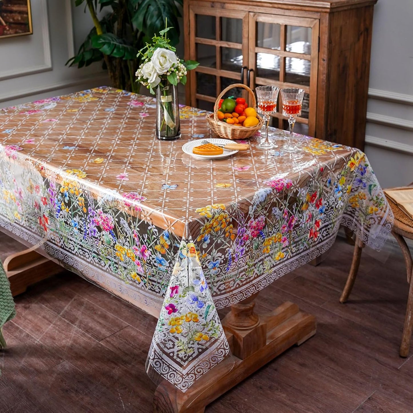 ARTABLE Clear Table Cover Protector Vinyl PVC Rectangle Table Cloth with Floral Print Pattern Oil Proof Wipe-able Plastic Tablecloths for Dining Tables Parties Holidays (Flowers, 55 x 84 Inches)