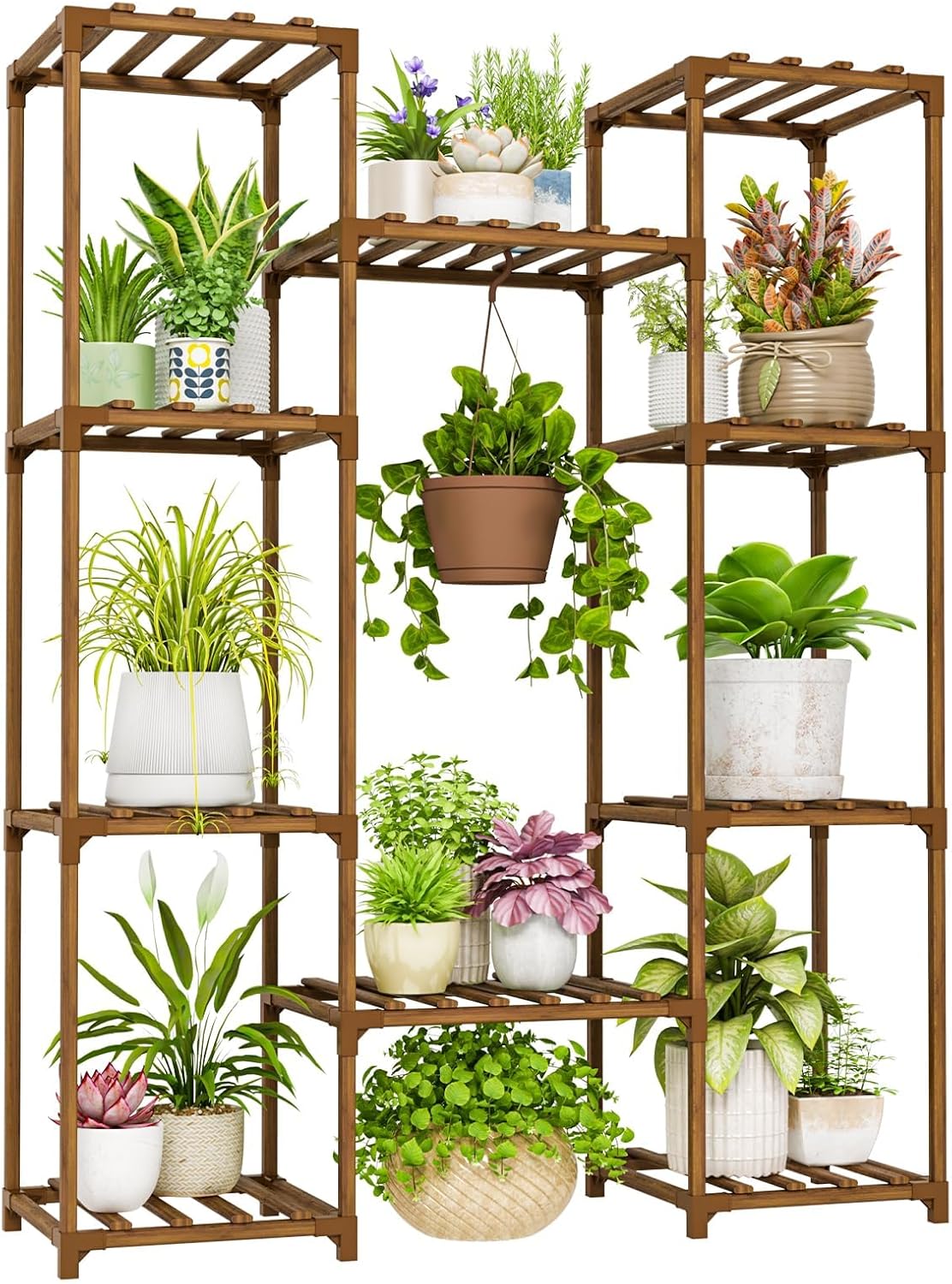 Bamworld 62.2'' Tall Plant Stand Indoor Large Plant Shelf for Multiple Plants Wood Flower Stand Outdoor Hanging Plant Rack for Living Room Garden Balcony Home Decor