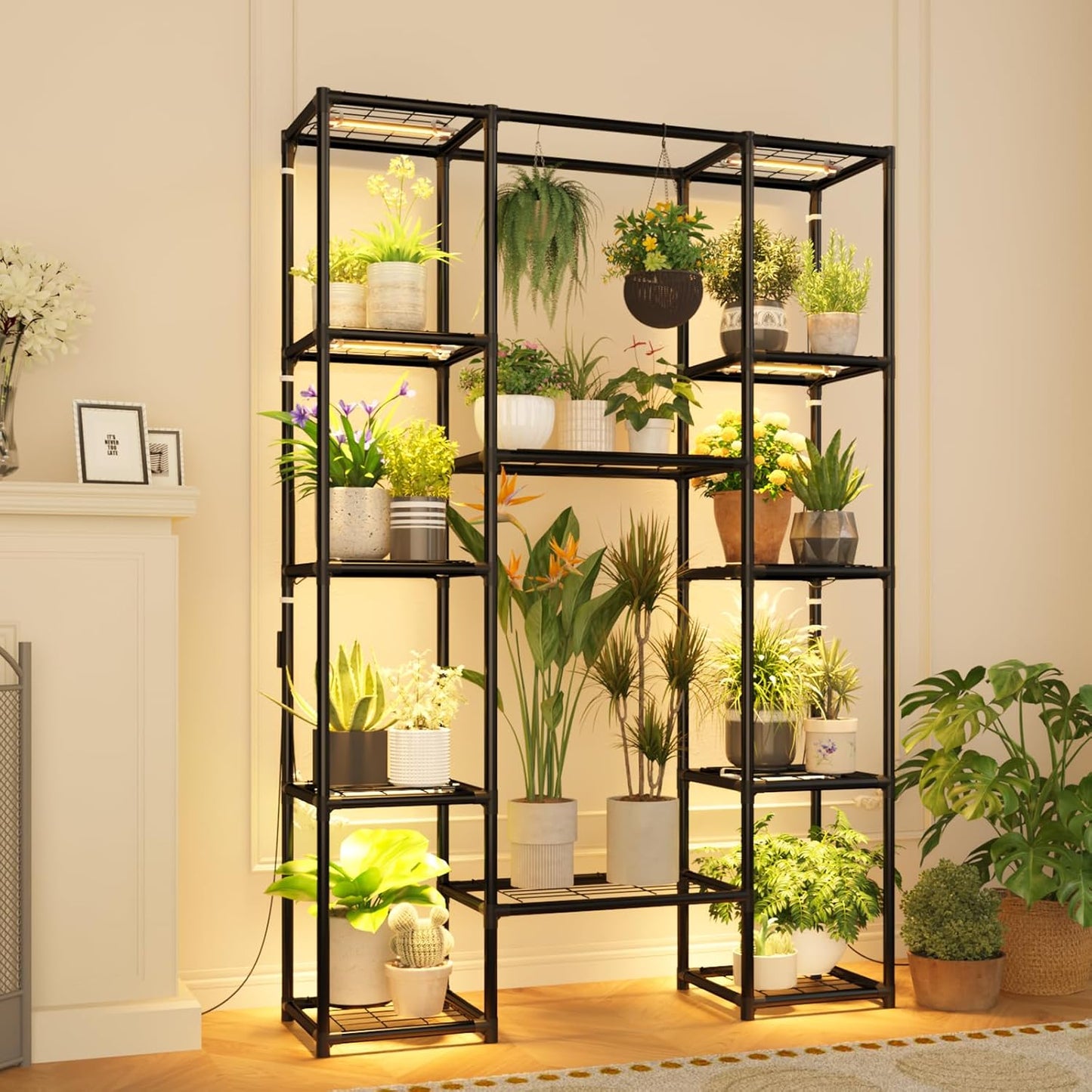 Plant Stand Outdoor Tall Plant Shelf Indoor Metal Large Hanging Plant Cabinet Waterproof Plant Rack Flower Holder for Living Room Patio Balcony Garden Black