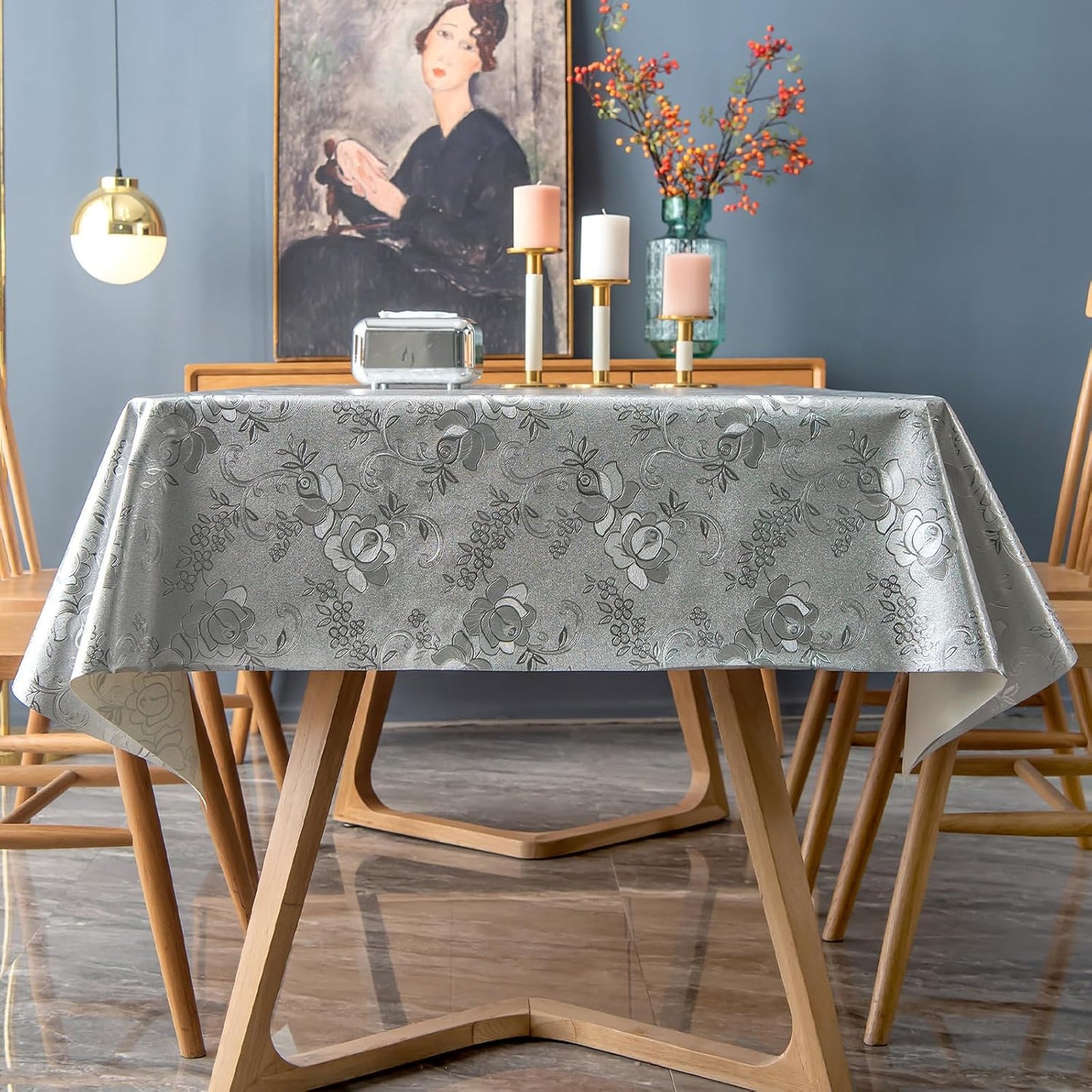 FAVE Silver Tablecloth Heavy Duty Vinyl Tablecloth Waterproof Oil-Proof PVC Table Cloth Stain-Resistant for Wedding, Banquet, Birthday, Party, Restaurant Decorations (Silver Rose, 55"x87")