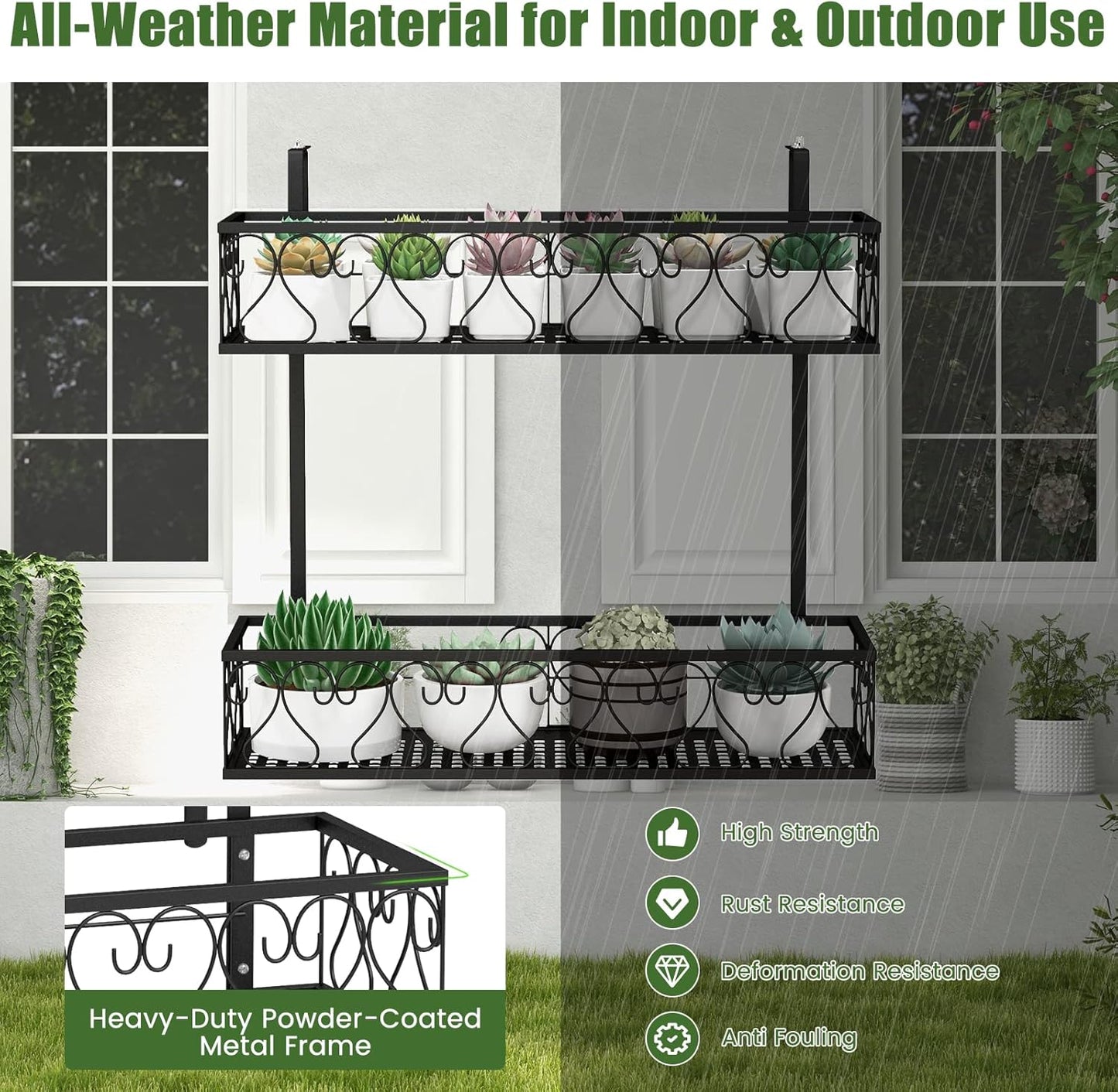 Giantex Balcony Flower Pot Stand Rack w/ Adjustable Hooks & 2 Planter Baskets , Patio Railing Shelf Plant Pots Holder, Metal Hanging Planter for Outdoor Windows Porch Fence