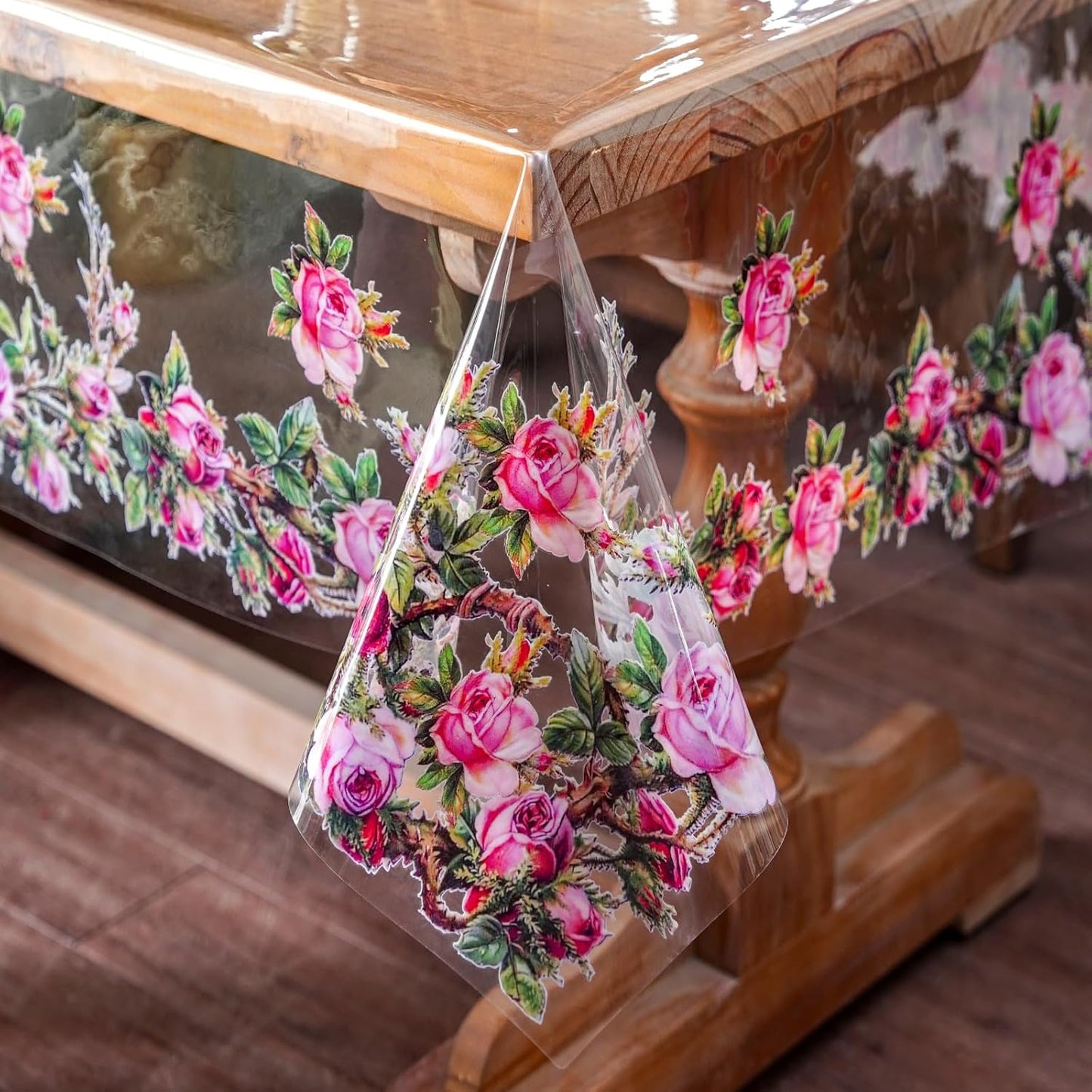 ARTABLE Clear Table Cover Protector Vinyl PVC Rectangle Table Cloth with Floral Print Pattern Oil Proof Wipe-able Plastic Tablecloths for Dining Tables Parties Holidays (Flowers, 55 x 84 Inches)