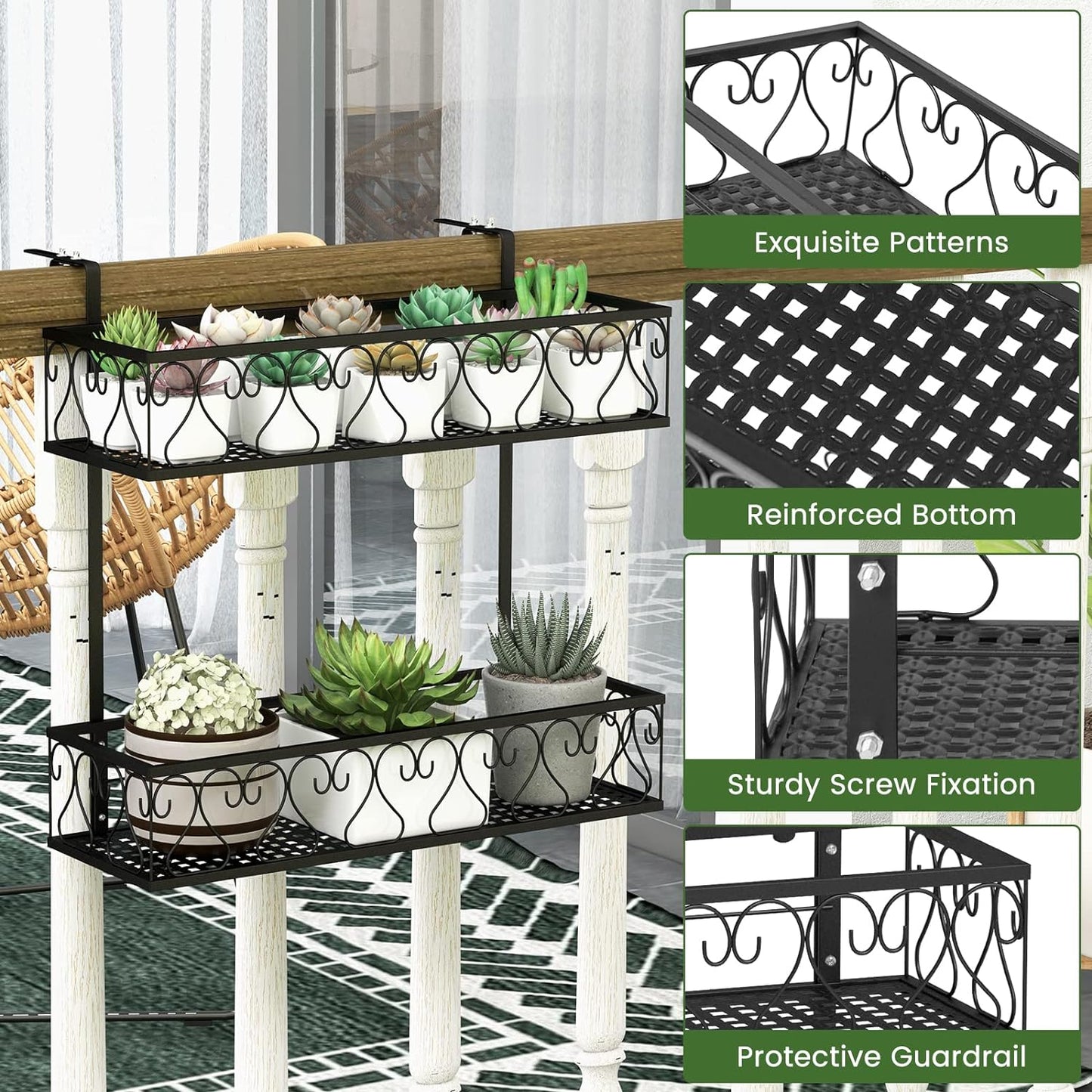Giantex Balcony Flower Pot Stand Rack w/ Adjustable Hooks & 2 Planter Baskets , Patio Railing Shelf Plant Pots Holder, Metal Hanging Planter for Outdoor Windows Porch Fence