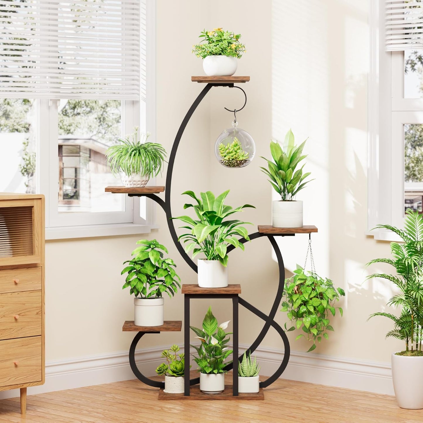 Plant Stand Indoor with Grow Lights, 6 Tiered Corner Plant Shelf , 47'' Plant Stands for Multiple Plants, Metal Curve Shaped Plant Holder Display Rack , Flower Stands for Living Room Patio Home Decor