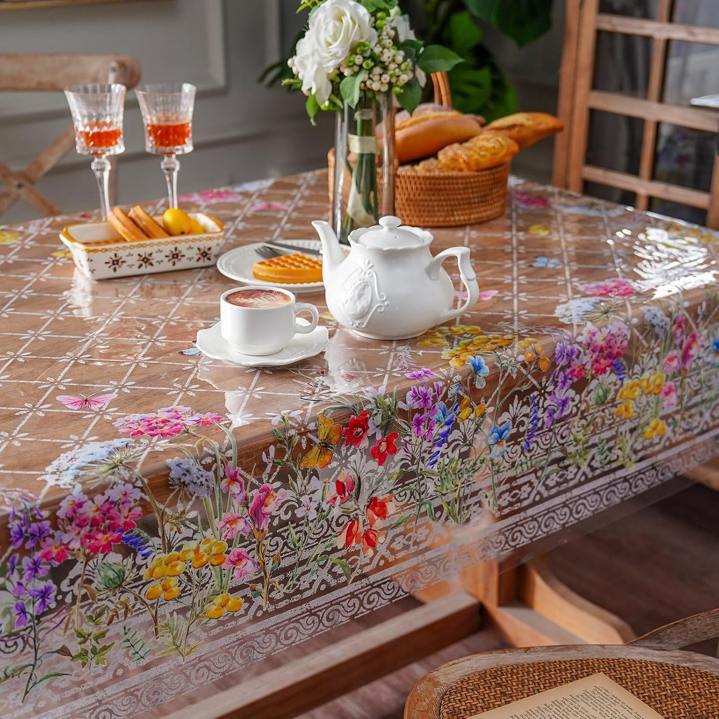 ARTABLE Clear Table Cover Protector Vinyl PVC Rectangle Table Cloth with Floral Print Pattern Oil Proof Wipe-able Plastic Tablecloths for Dining Tables Parties Holidays (Flowers, 55 x 84 Inches)