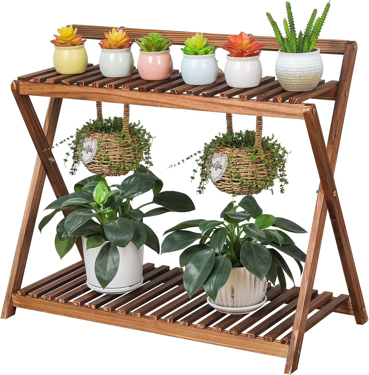 Hanging Plant Shelf Indoor Outdoor Plant Stands Wood Flower Stand 2 Tiered Bamboo Plant Shelves Holder Rack for Patio Balcony Garden (Tall,50 inch)