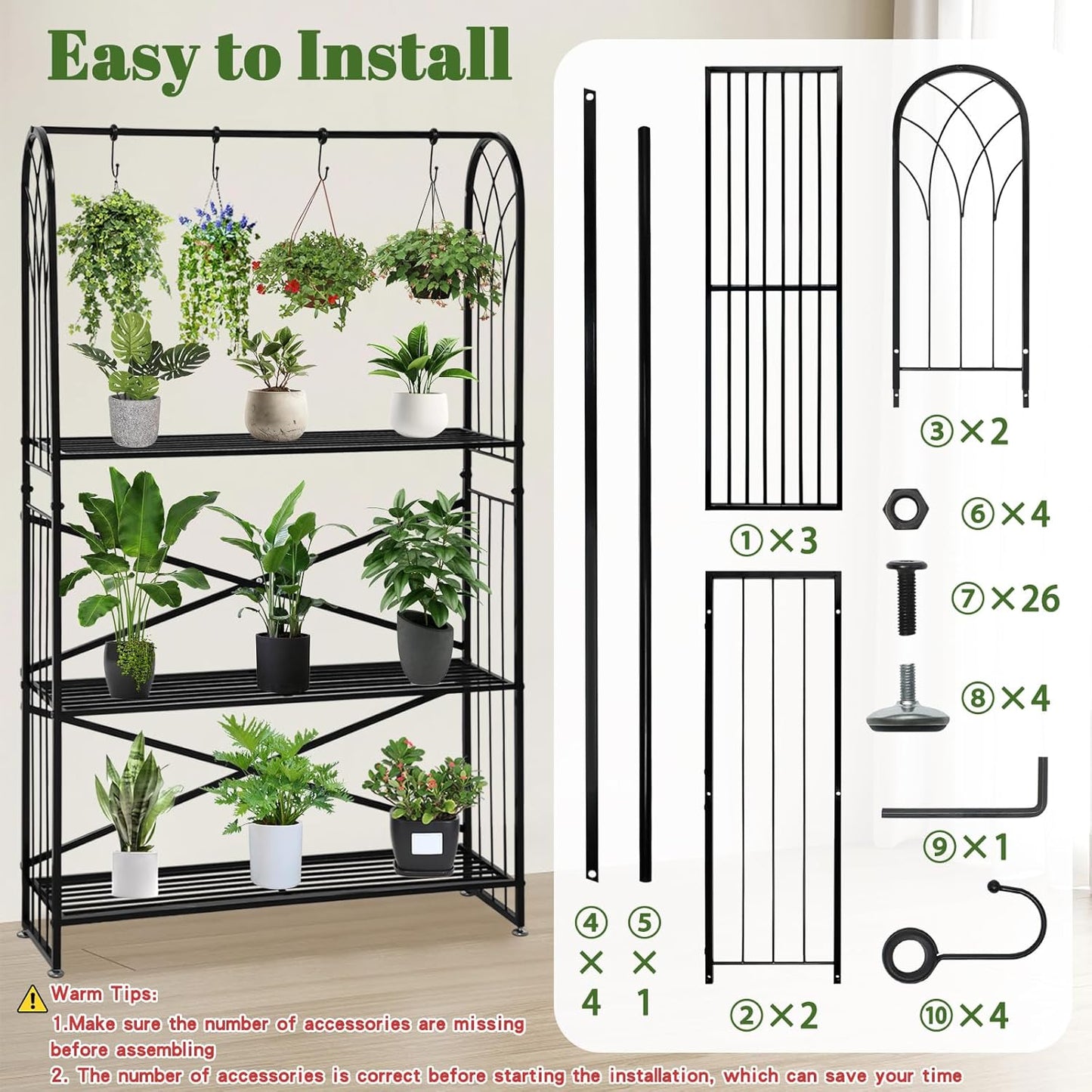 Heavy Duty Metal 3 Tiered Tall Plant Stand, Large Hanging Planter Shelf for Multiple Flowers Pot Holder Rack with Plant Tool & Gloves & Hooks for Living Room Garden Balcony, Black