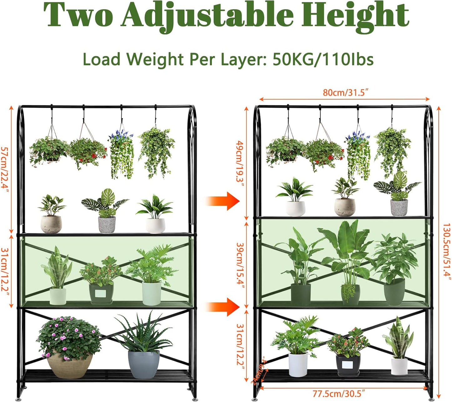 Heavy Duty Metal 3 Tiered Tall Plant Stand, Large Hanging Planter Shelf for Multiple Flowers Pot Holder Rack with Plant Tool & Gloves & Hooks for Living Room Garden Balcony, Black