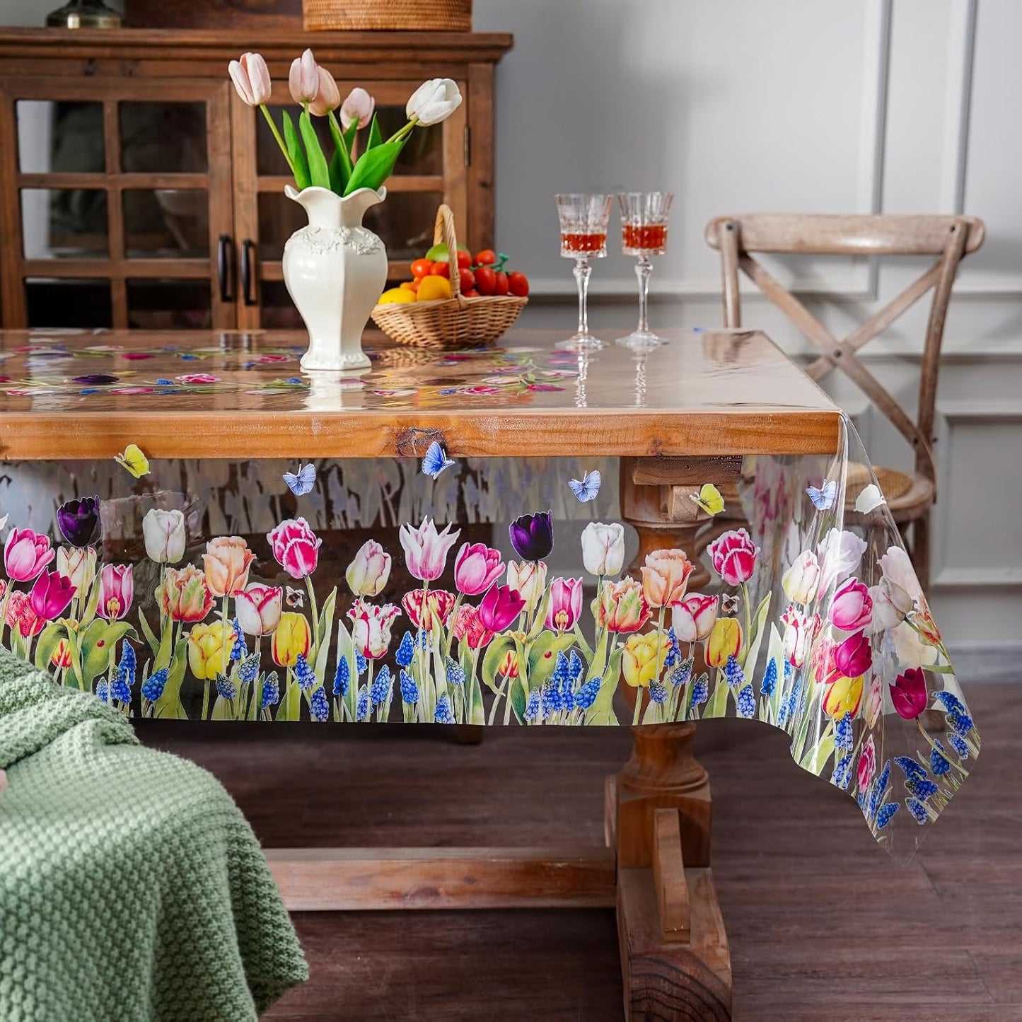 ARTABLE Clear Table Cover Protector Vinyl PVC Rectangle Table Cloth with Floral Print Pattern Oil Proof Wipe-able Plastic Tablecloths for Dining Tables Parties Holidays (Flowers, 55 x 84 Inches)