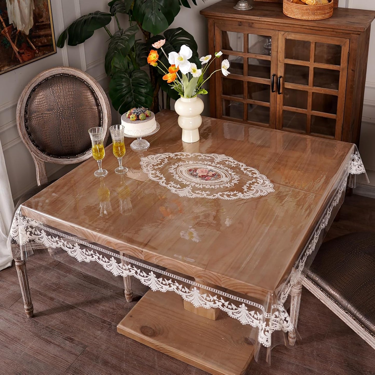 Clear Table Cover Protector Vinyl PVC Rectangle Table Cloth with Floral Fruit Pattern Oil Spill Proof Plastic Tablecloths for Dining Tables Parties Holidays (Floral Fruit, 52 x 70 Inches)