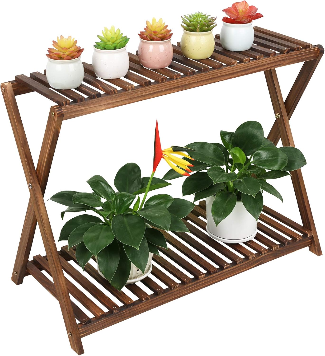 Hanging Plant Shelf Indoor Outdoor Plant Stands Wood Flower Stand 2 Tiered Bamboo Plant Shelves Holder Rack for Patio Balcony Garden (Tall,50 inch)