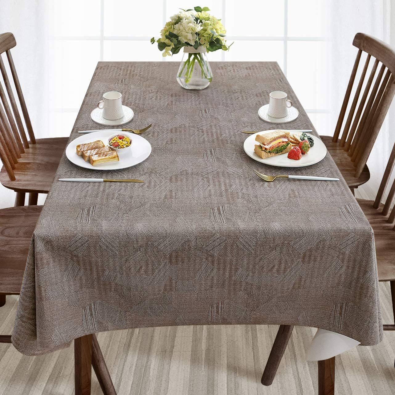 AIRCOWRIE Waterproof Vinyl Tablecloths, Heavy Duty Oil Proof Spill Proof Plastic Table Cloth, Wipe Clean PVC Table Cover for Spring Indoor and Outdoor Use (Embroidery Flower, 54”×140”, Rectangle)