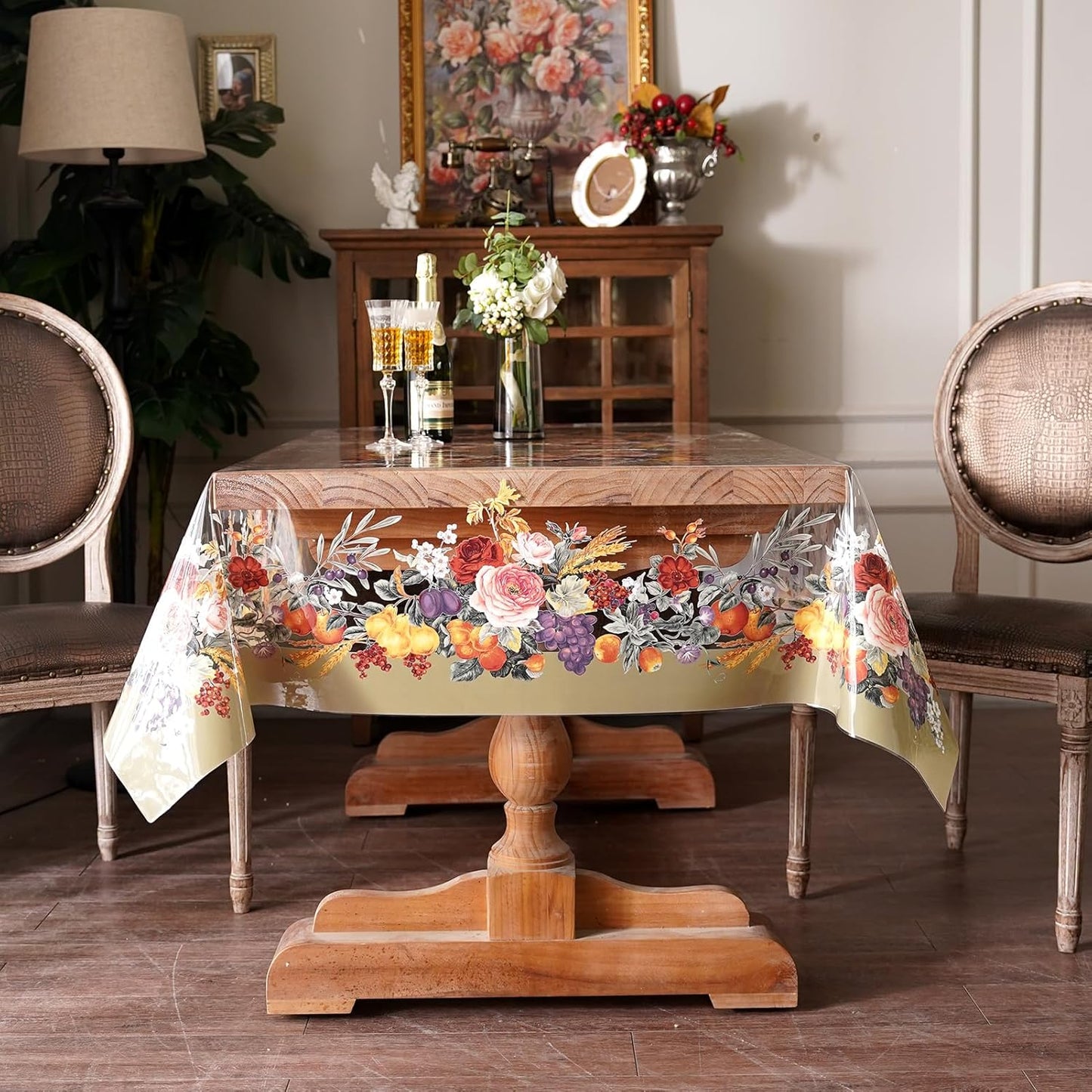 Clear Table Cover Protector Vinyl PVC Rectangle Table Cloth with Floral Fruit Pattern Oil Spill Proof Plastic Tablecloths for Dining Tables Parties Holidays (Floral Fruit, 52 x 70 Inches)
