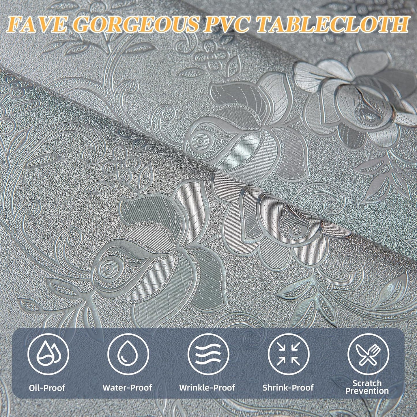 FAVE Silver Tablecloth Heavy Duty Vinyl Tablecloth Waterproof Oil-Proof PVC Table Cloth Stain-Resistant for Wedding, Banquet, Birthday, Party, Restaurant Decorations (Silver Rose, 55"x87")