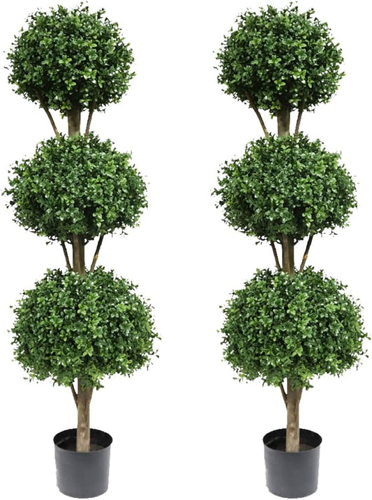 momoplant Artificial Topiary Ball Tree Outdoor, 4.6ft Fake Topiaries Triple Ball Trees 56inch Faux Boxwood Plants Potted Green Decorative Indoor or Garden (2 Pieces)
