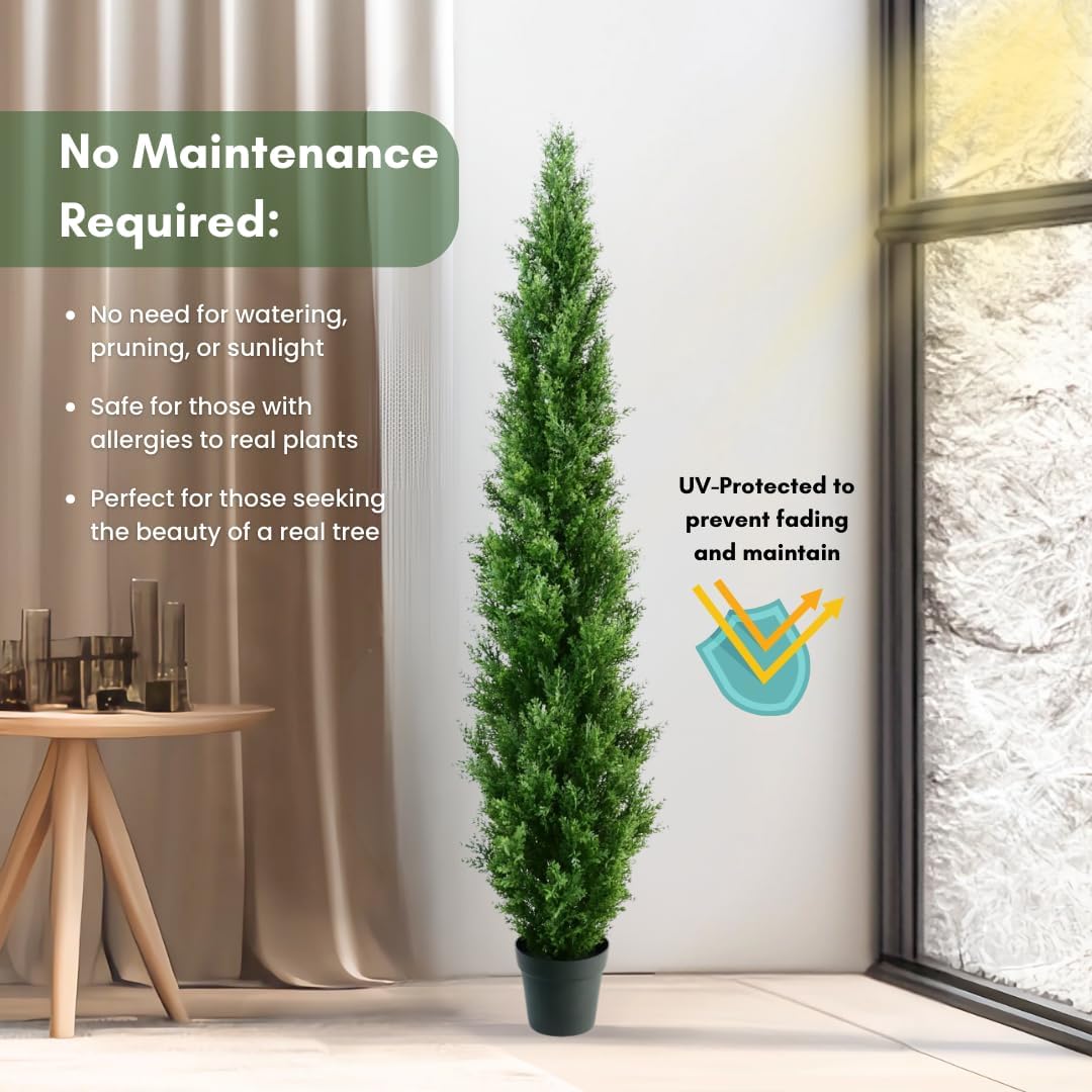 6 Feet Pre-Potted Evergreen Outdoor Artificial Cedar Tree Privacy Screen for Front Porch Decor, Outdoor Decor, Entryway Fake Tree, Tall Faux Tree with UV Resistant Coating (2 Pack)