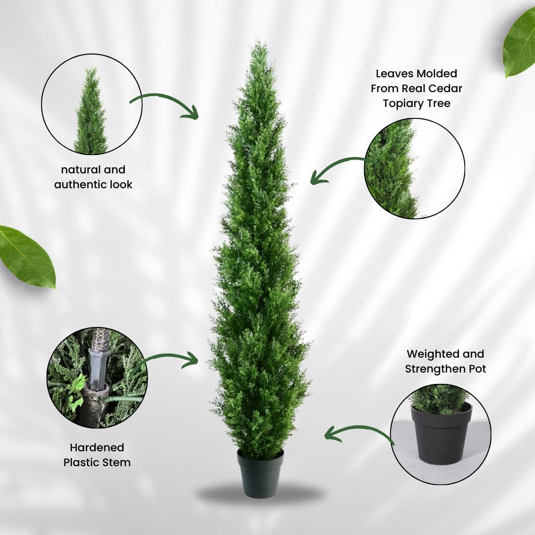 6 Feet Pre-Potted Evergreen Outdoor Artificial Cedar Tree Privacy Screen for Front Porch Decor, Outdoor Decor, Entryway Fake Tree, Tall Faux Tree with UV Resistant Coating (2 Pack)