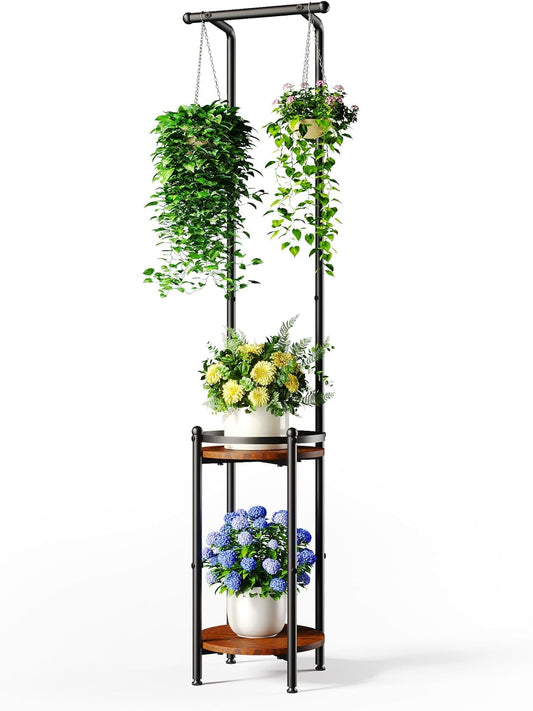 Plant Stand Indoor Outdoor - Heavy Duty Metal 2-tier Hanging Plant Holder Space-Saving Iron Plant Stands Tall Plant Shelf for Living Room Garden Balcony（Rustic Brown and Black）