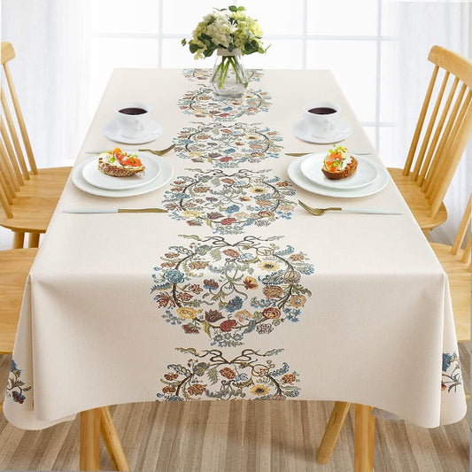 AIRCOWRIE Waterproof Vinyl Tablecloths, Heavy Duty Oil Proof Spill Proof Plastic Table Cloth, Wipe Clean PVC Table Cover for Spring Indoor and Outdoor Use (Embroidery Flower, 54”×140”, Rectangle)