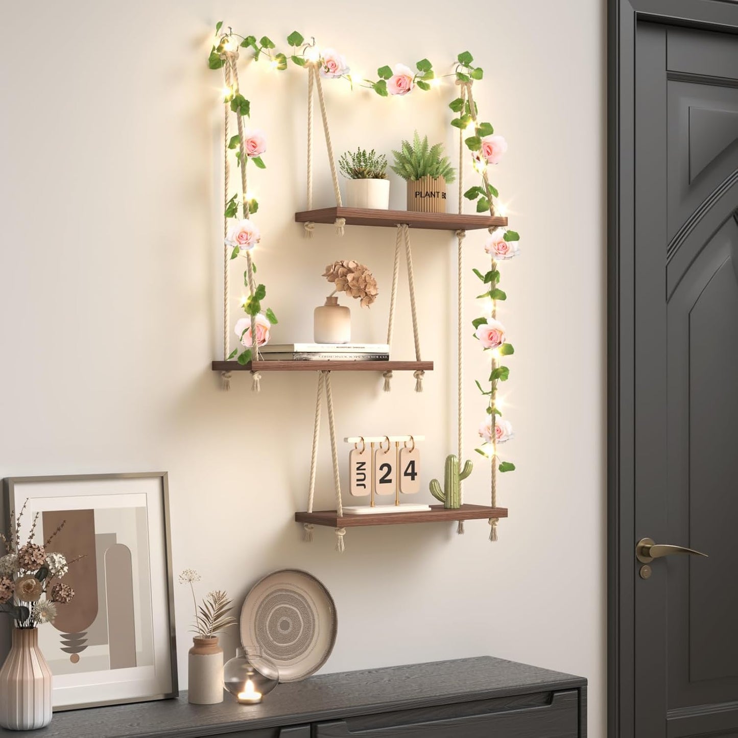 Hanging Shelves for Wall, 3 Tier Boho Hanging Plant Shelf, Floating Shelves Rope Rustic Wood Organizer Storage Hanger Rack for Aesthetic Home Bedroom Kitchen Bathroom (Champagne Flower)