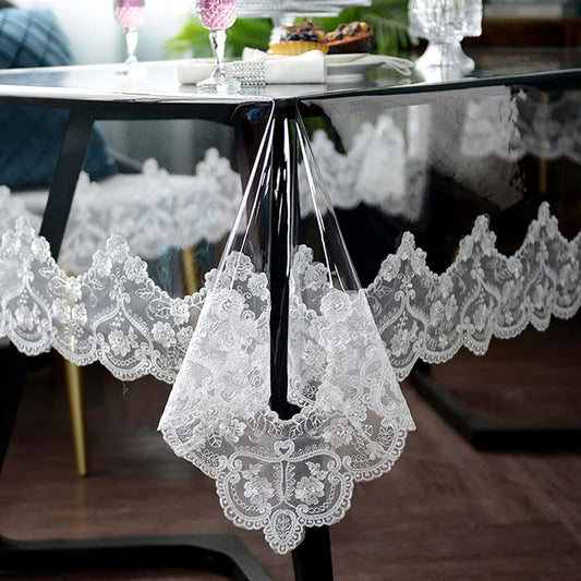Clear Plastic Waterproof Tablecloth, Vinyl PVC Rectangle Table Cloth with Lace Macrame, Oil Spill Proof, Table Cover for Dining Tables, Parties and Holidays (White, 60 x 86 Inch)