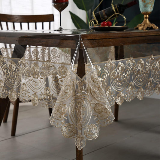 Dimatic Clear Plastic Waterproof Tablecloth, Vinyl PVC Rectangle Table Cloth with Lace Macrame, Oil Spill Proof, Table Cover for Dining Tables, Parties and Holidays (Champagne, 52 x 70 Inch)