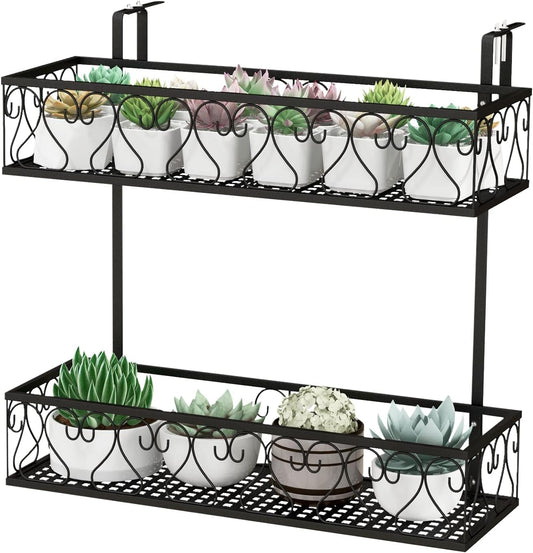 Giantex Balcony Flower Pot Stand Rack w/ Adjustable Hooks & 2 Planter Baskets , Patio Railing Shelf Plant Pots Holder, Metal Hanging Planter for Outdoor Windows Porch Fence