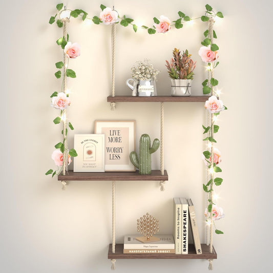 Hanging Shelves for Wall, 3 Tier Boho Hanging Plant Shelf, Floating Shelves Rope Rustic Wood Organizer Storage Hanger Rack for Aesthetic Home Bedroom Kitchen Bathroom (Champagne Flower)
